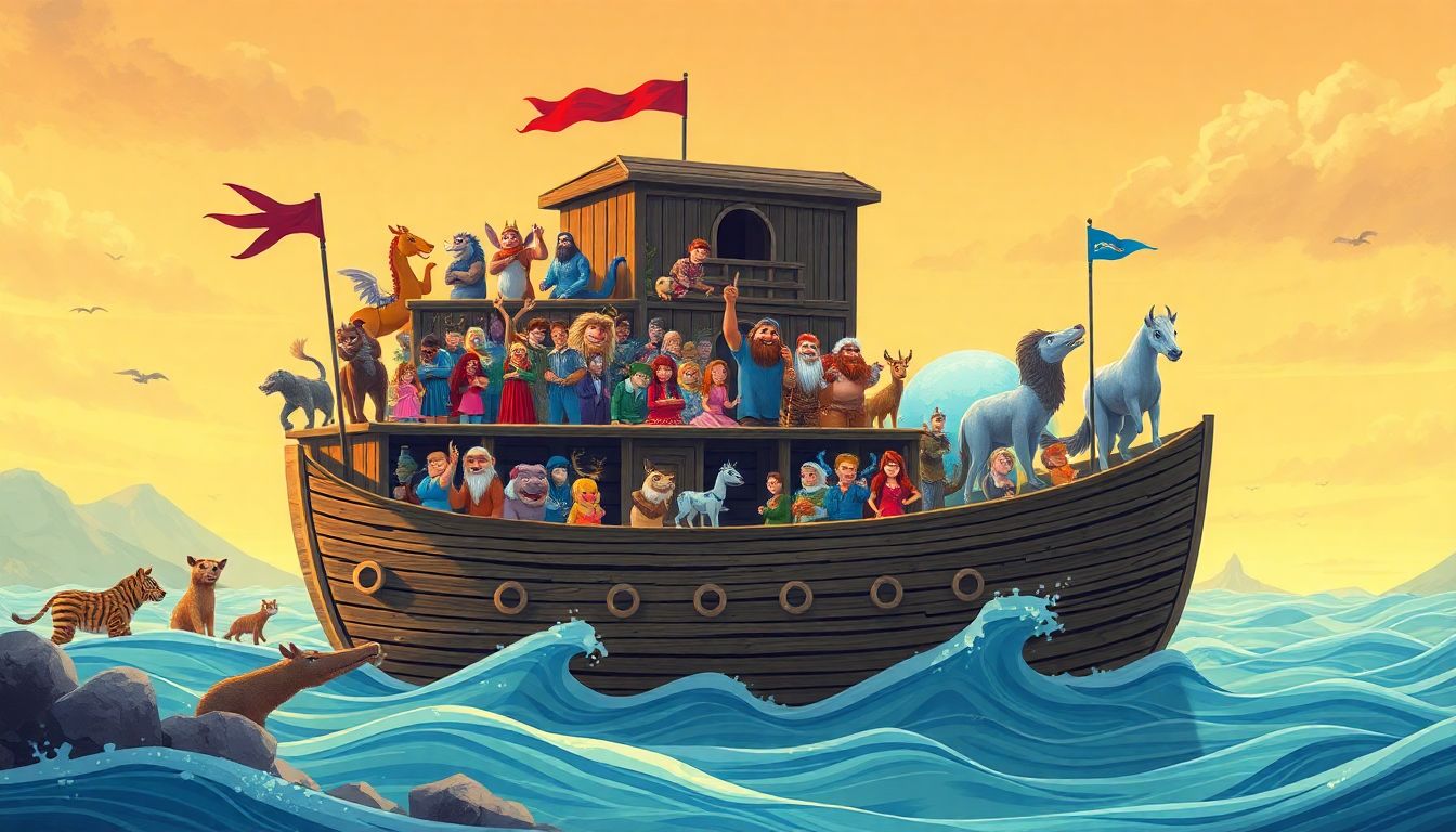 An illustration of Noah's ark, but instead of animals, it's filled with various film characters, and the flood is a digital wave of AI-generated content.