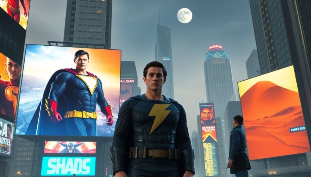 A futuristic cityscape with AI-generated billboards showcasing movies featuring unlikely character combinations, such as Shazam and Batman on a treasure hunt on Mars, with a concerned Zachary Levi watching from a distance.