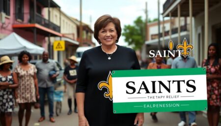 Create an image of Gayle Benson standing amidst a hopeful community scene in New Orleans, with the Saints logo and a disaster relief fund banner prominently featured.