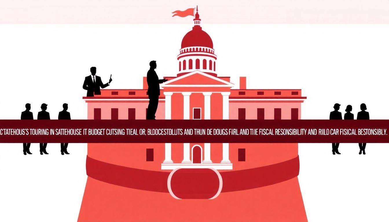A visual representation of a tightening belt around the Statehouse, with silhouettes of lawmakers discussing budget cuts and fiscal responsibility.