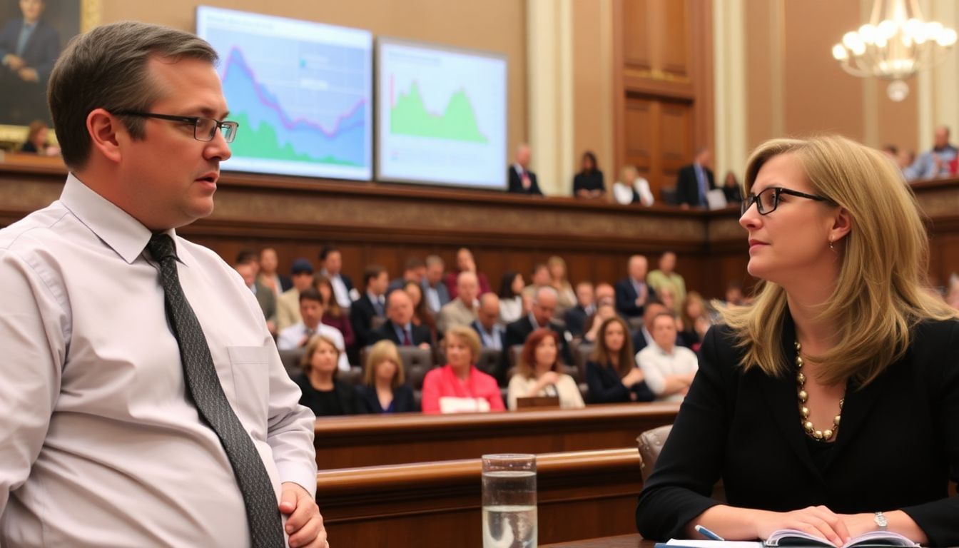 A photograph of Thomas Guthlein and Melinda Hopkins testifying at the Statehouse, with a backdrop of climate change data and a crowded legislative session.