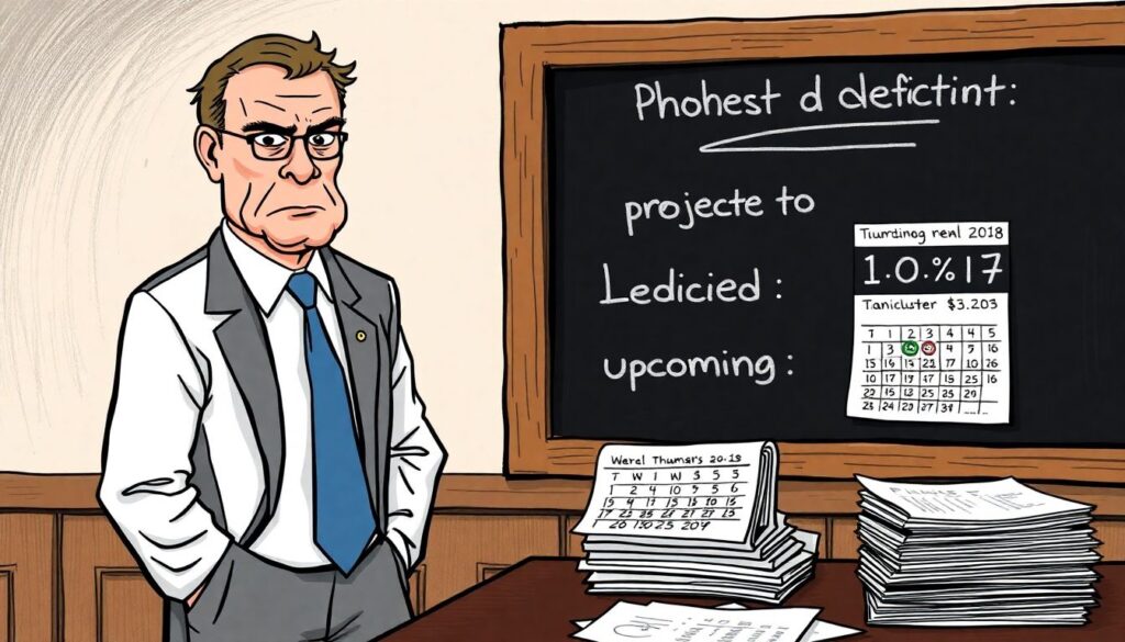 A grim Rhode Island legislator standing beside a chalkboard showing the projected deficit, with a calendar highlighting the upcoming legislative session and a stack of budget papers on their desk, looking determined yet concerned.