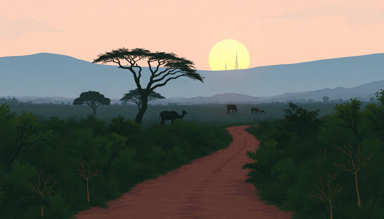 Illustrate the moment Tinotenda enters the game park, with a path leading into the dense bush and silhouettes of wild animals in the distance.