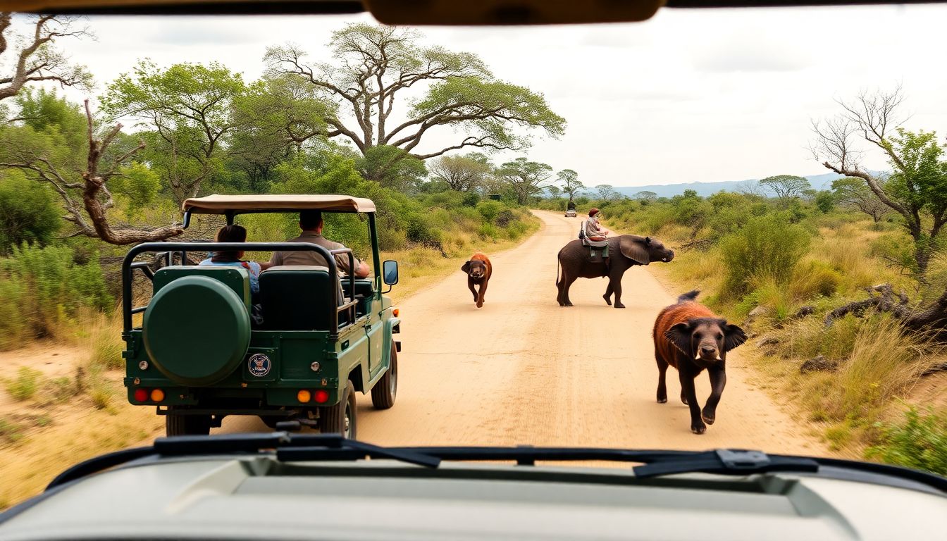 Depict the park rangers' vehicle driving through the wilderness, with Tinotenda running towards it in the background.