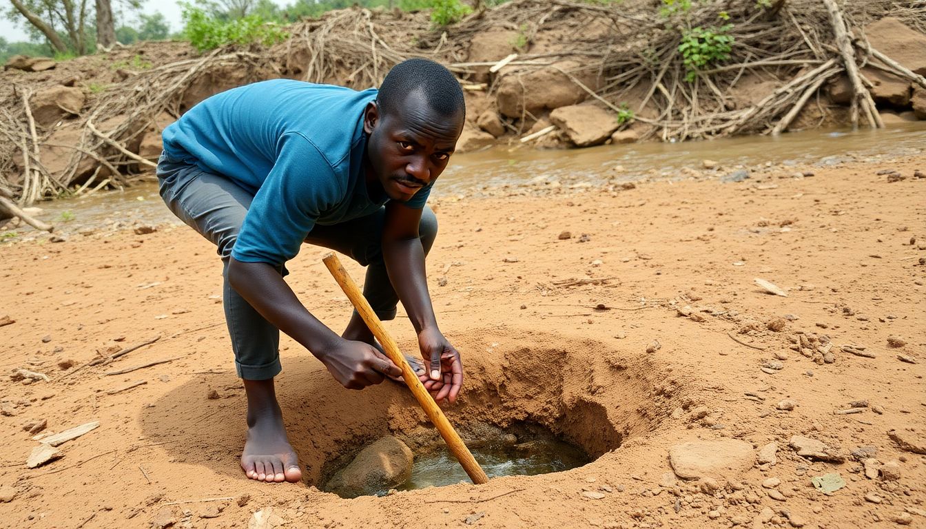 Show Tinotenda digging a small well in a dry riverbed, with a stick in hand and a determined expression on his face.