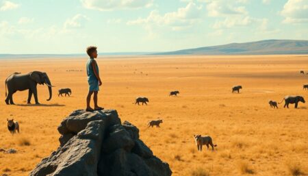 Create an image of a young boy standing on a rocky outcrop in a vast African savannah, with lions and elephants in the background, depicting both the danger and the beauty of the wilderness.