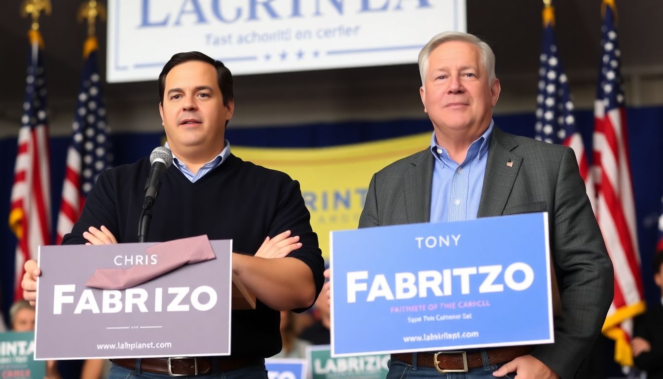 Generate an image of Chris LaCivita and Tony Fabrizio standing side by side, confidently addressing a crowd, with a backdrop of American flags and campaign posters.