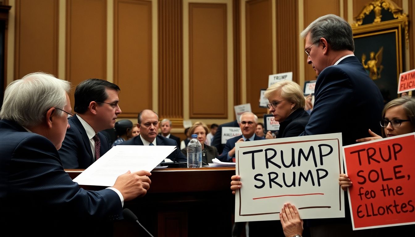 Generate an image of a tense Senate hearing, with Republicans and Democrats engaged in heated debate, while protesters outside hold signs supporting Trump's policies.