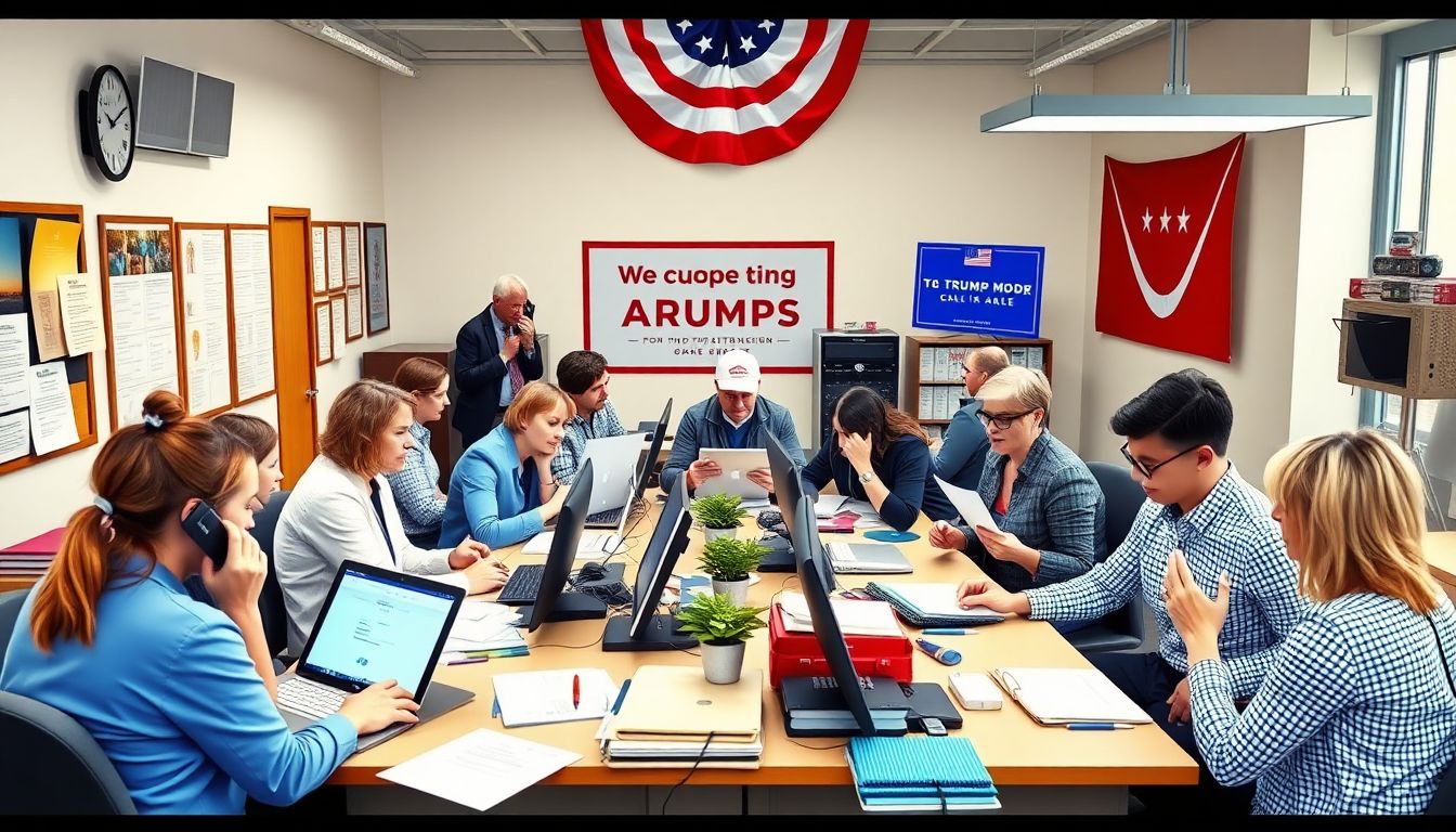 Create an image of a bustling campaign office with volunteers making calls, sending emails, and creating promotional materials, all centered around the theme of supporting Trump's agenda.