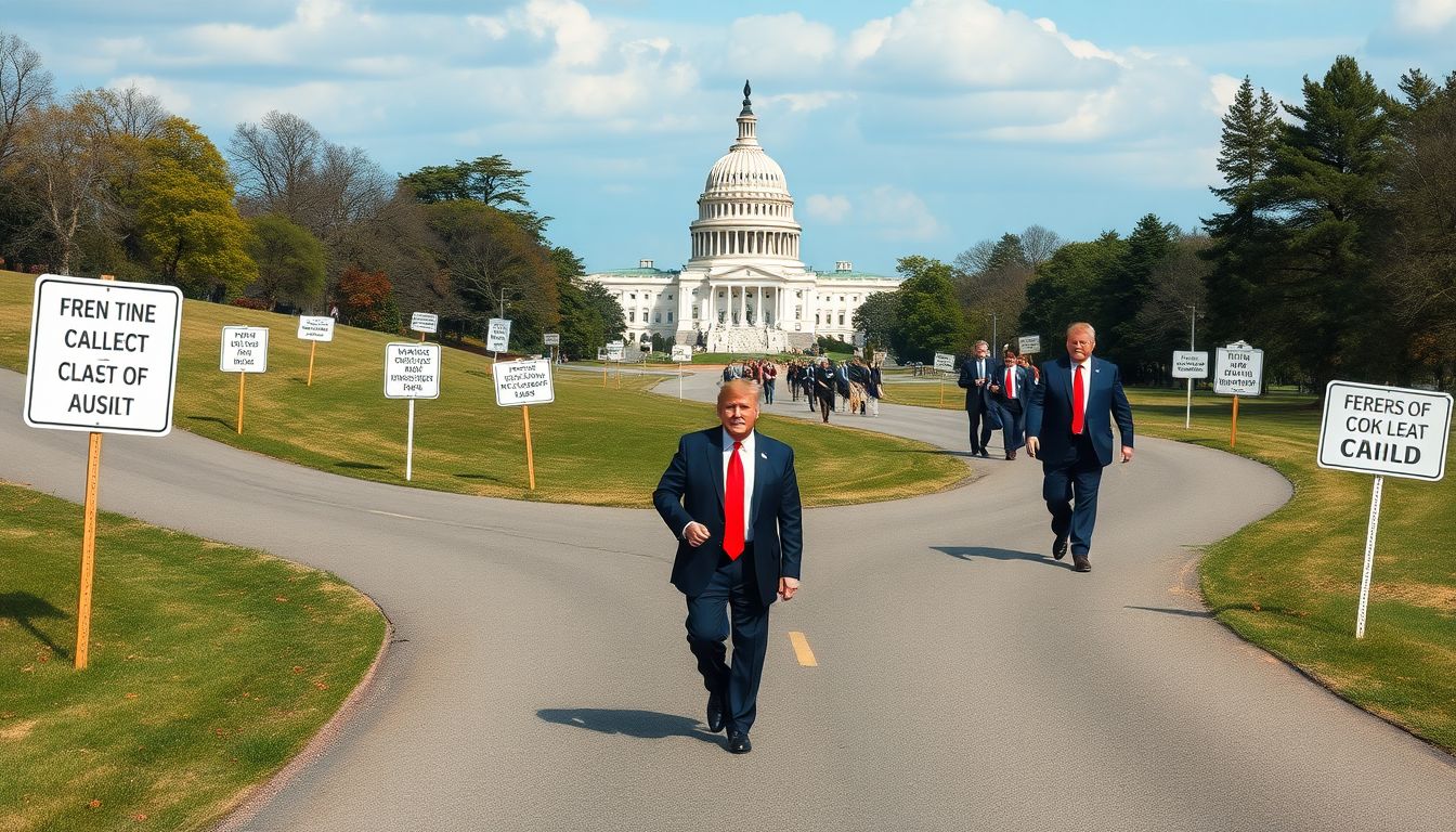 Create an image of a winding road leading to the Capitol Building, with signs along the way marking various political challenges and victories, and a determined Trump and his aides leading the march.