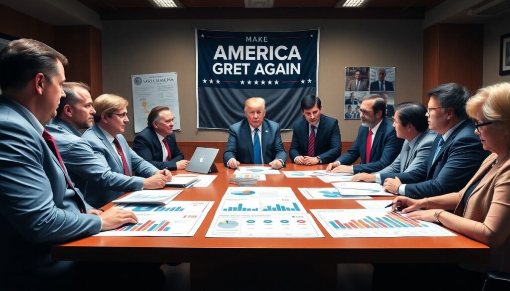 Create an image of a dynamic team of political strategists gathered around a table, with charts and graphs displaying public opinion polls and campaign strategies. The room should exude energy and determination, with a prominent 'Make America Great Again' banner in the background.