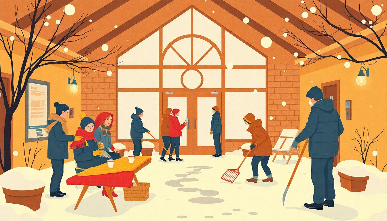 Generate an image of a community center transformed into a warming shelter, with volunteers handing out blankets and hot beverages, and neighbors helping each other shovel snow.