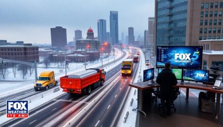 Generate an image of a bustling cityscape with crews diligently preparing the roadways for an impending snowstorm, with snowplows and salt trucks in action, while the FOX 5 Weather Team monitors the situation from a high-tech studio.