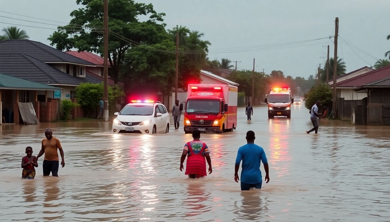 Generate an image of flooded streets and homes in Dar es Salaam, with people wading through water and emergency services at work.