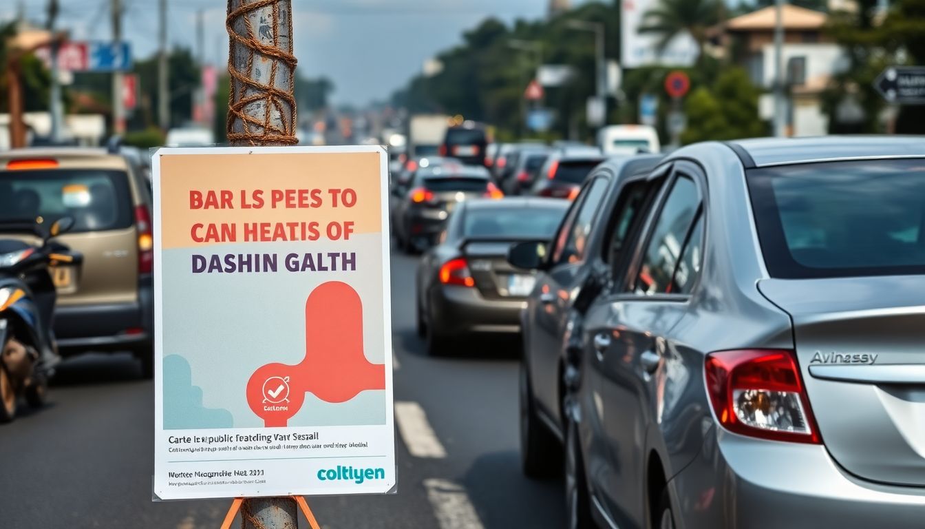 Create an image of a busy, congested road in Dar es Salaam, with a car accident in the background and a public health awareness campaign poster in the foreground.