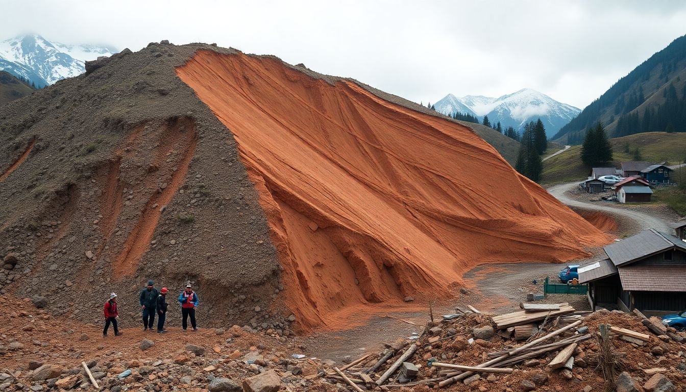 Create an image of a massive landslide in a mountainous region, with rescue teams searching for survivors and damaged homes in the background.