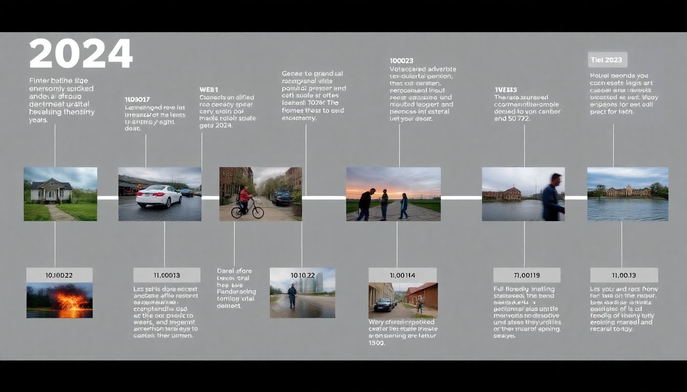 Create a visual timeline of the major flooding events in 2024, with images representing each catastrophe and their financial impact.