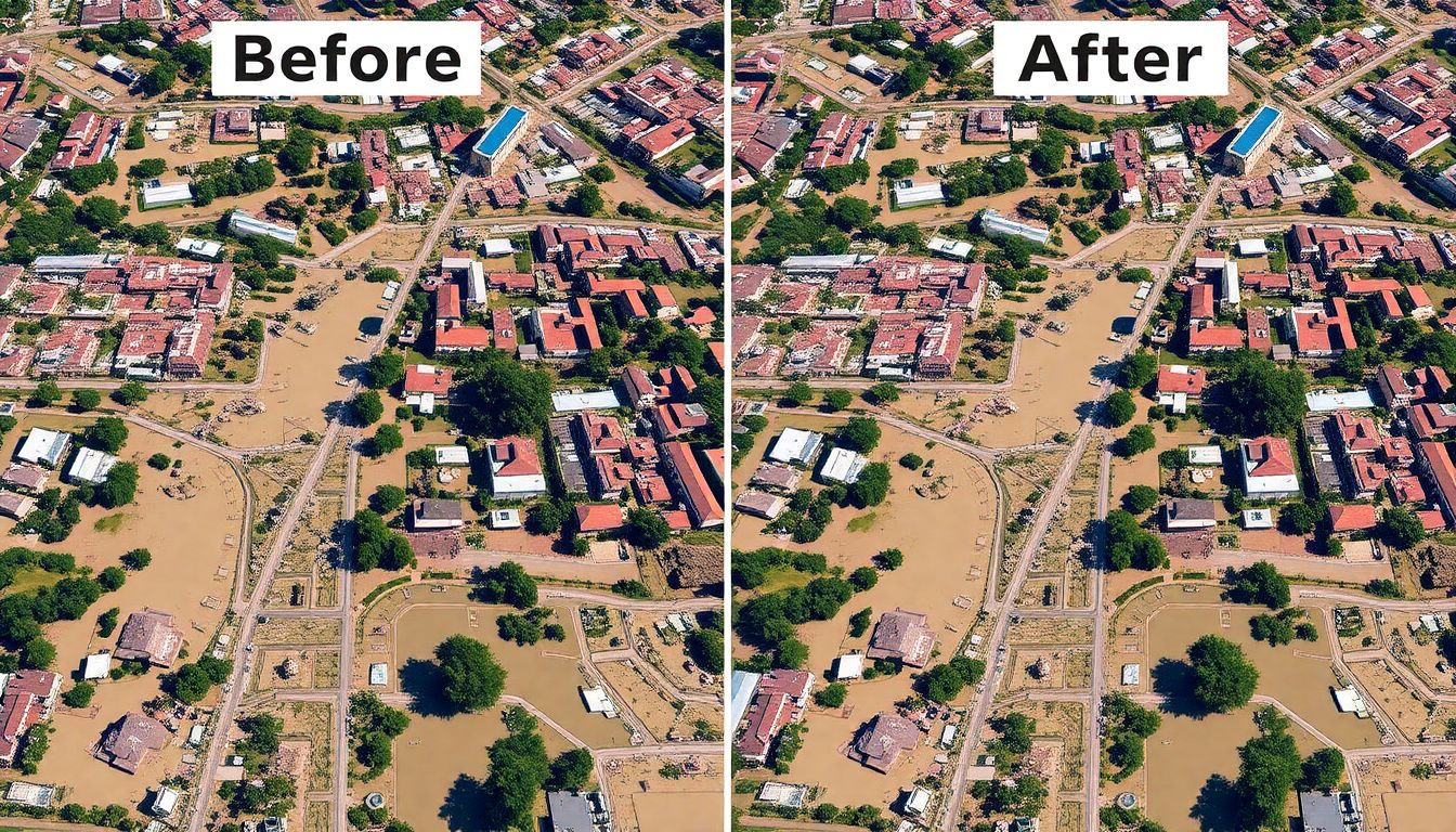 Illustrate the extent of the damage caused by the Valencia Floods, with before-and-after images of affected areas.