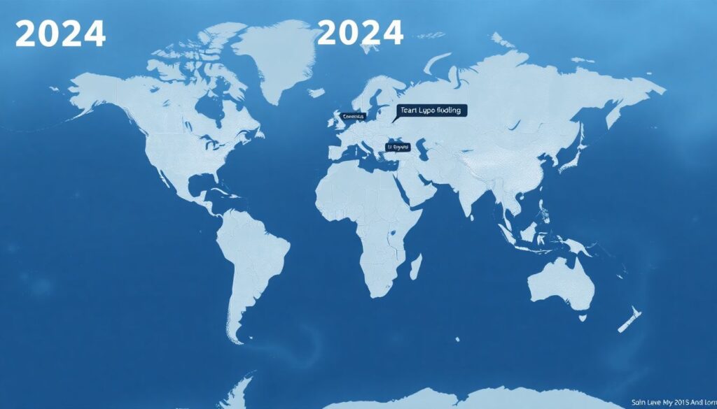 Create an image of a global map highlighting the major flooding events of 2024, with icons representing each catastrophe and their respective locations.