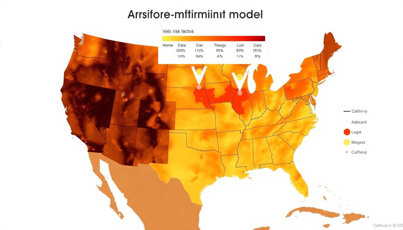 Create a visual representation of Verisk's wildfire model, showcasing data points, risk factors, and a map of affected areas in the Western US, including California.