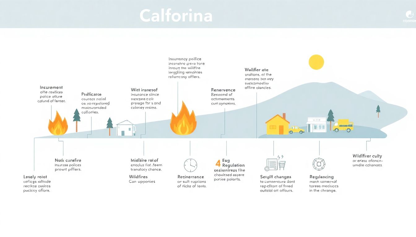 Design an illustration featuring a timeline of wildfire events in California, with icons representing insurance policies, reinsurance, and regulatory changes.