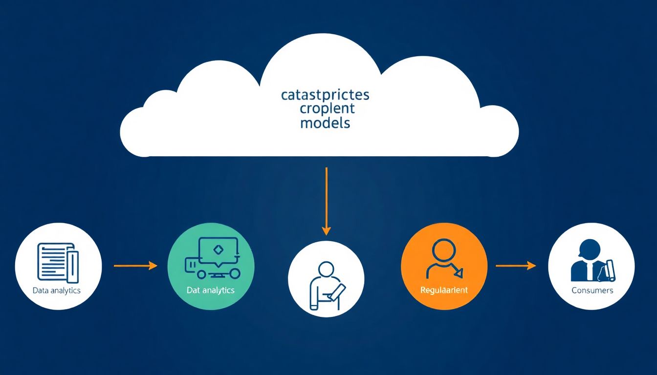 Illustrate a conceptual diagram showing the interplay between catastrophe models, insurance providers, regulators, and consumers, with icons representing data analytics, risk assessment, and collaboration.