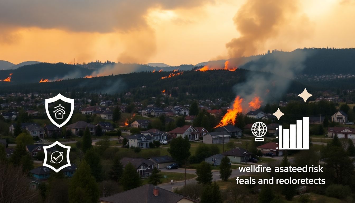 Design an inspiring image featuring a resilient community thriving amidst a backdrop of controlled wildfires, with symbols of insurance protection and data-driven risk management.