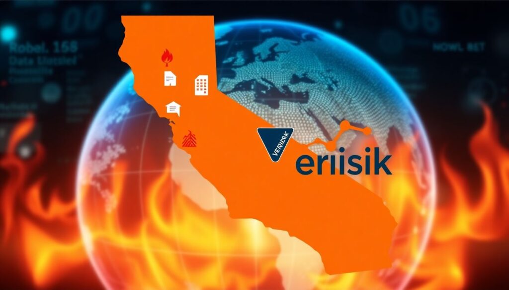 Create an engaging image showcasing a stylized map of California with wildfire icons, a graph representing risk assessment, and the Verisk logo alongside the CDI seal, with a backdrop of a digital globe highlighting data analytics and technology.