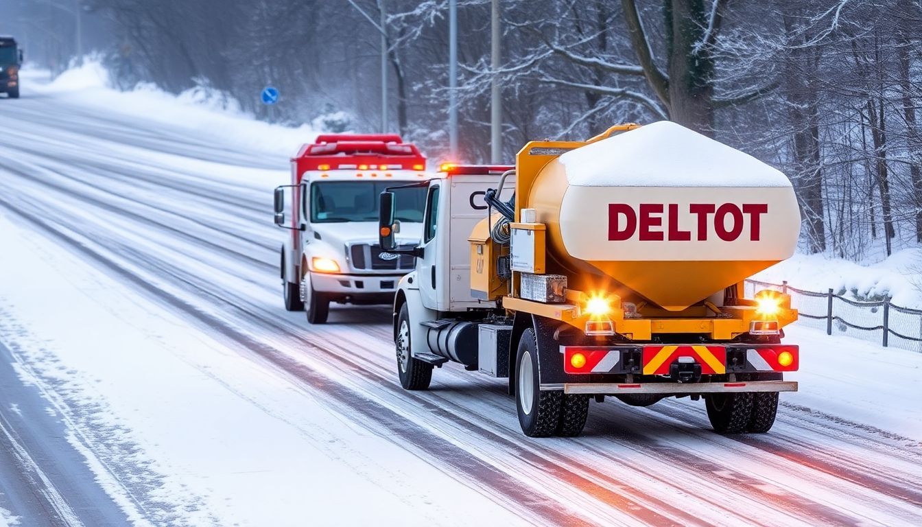 Design an image showing DelDOT trucks spreading salt on snow-covered roads, with visible melting of the snow.