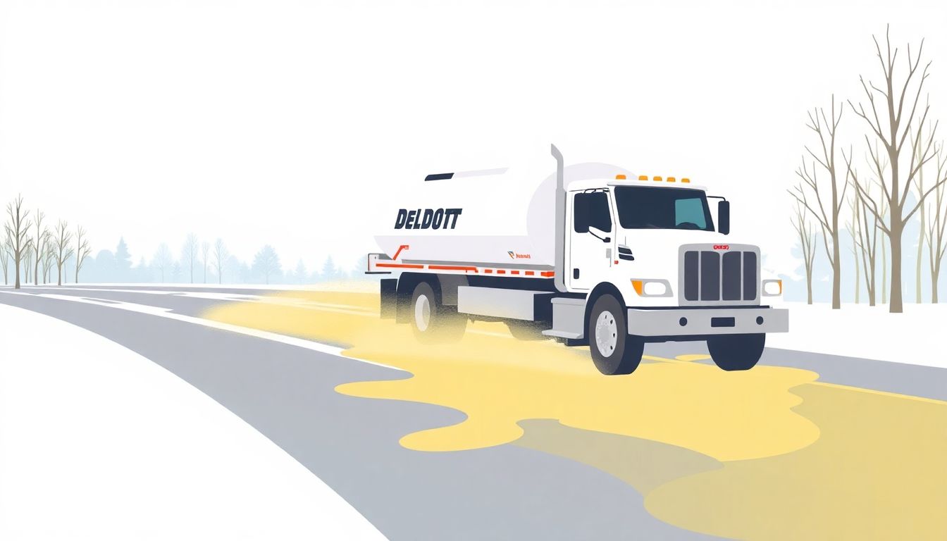 Create an illustration of DelDOT trucks spreading brine on the roads, with a focus on the mixture adhering to the road surface.