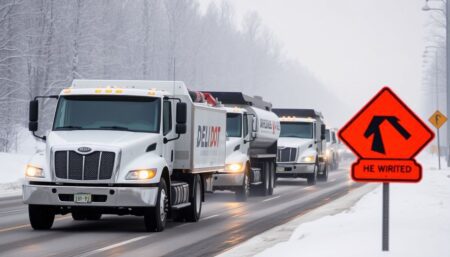 Generate an image of DelDOT trucks brining the roads, with a backdrop of snowy weather and caution signs for drivers.