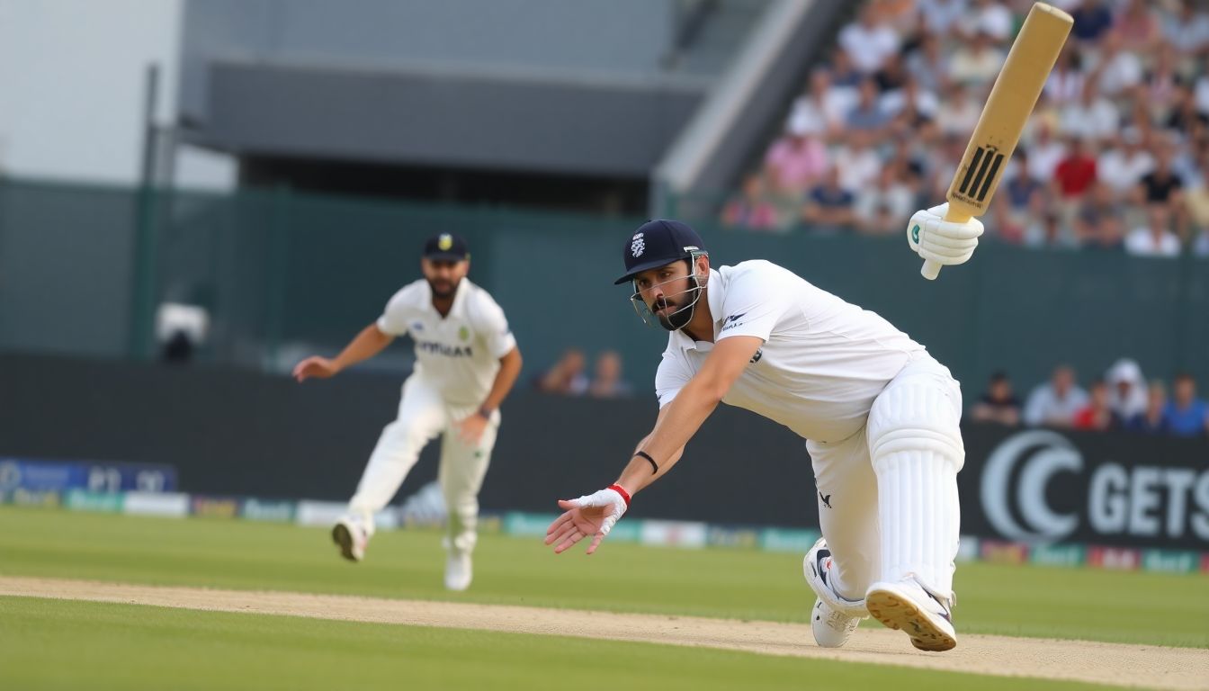 Generate an image of Virat Kohli edging the ball towards Steve Smith at second slip, with Smith reaching low to his right.