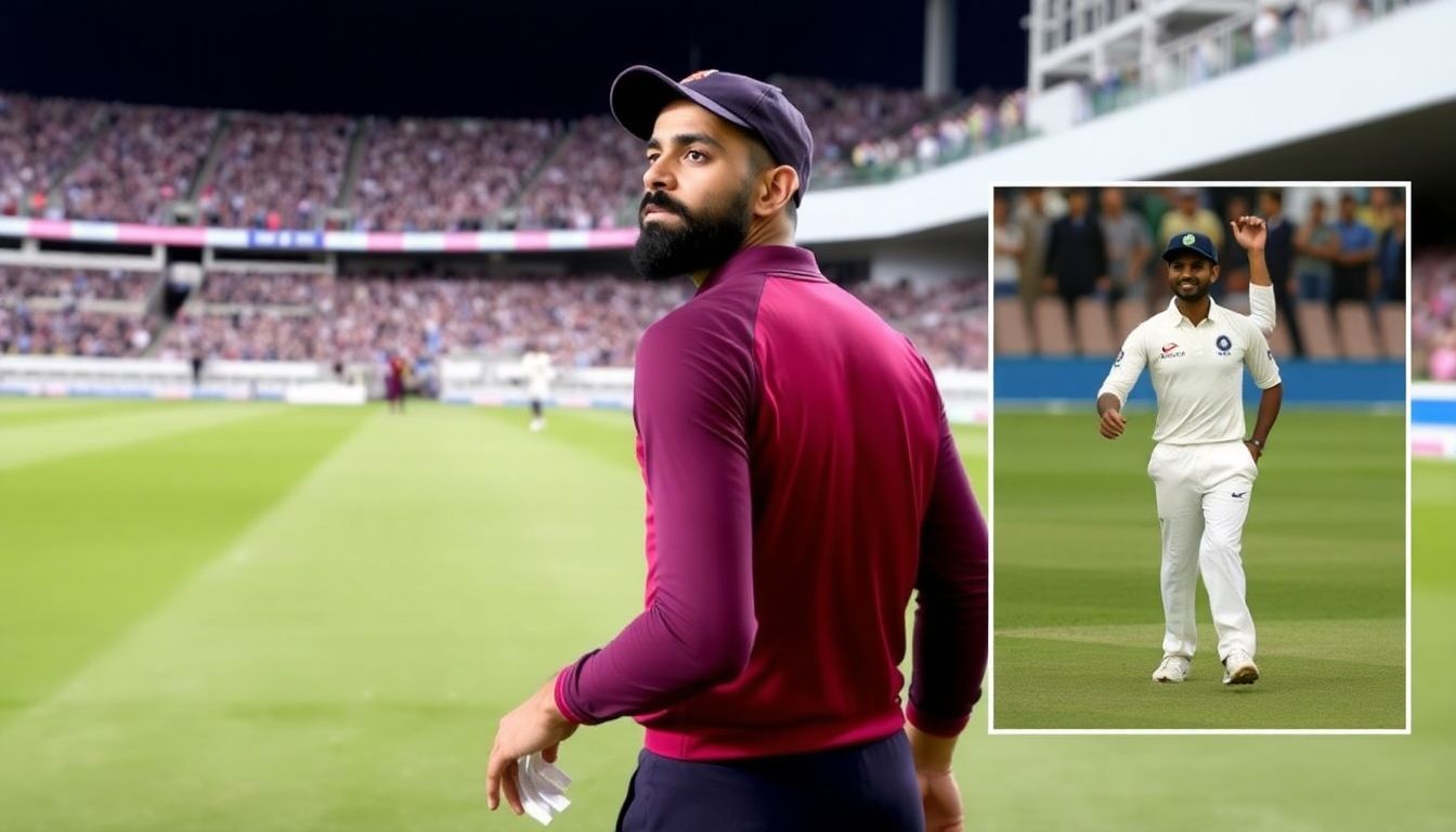 Create an image of Virat Kohli walking back to the pavilion after his dismissal, with a inset showing Washington Sundar's caught behind incident.