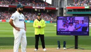 Create an image of Virat Kohli standing his ground at the SCG, with Steve Smith and Marnus Labuschagne in the background, and the third umpire Joel Wilson reviewing the replays on a screen.