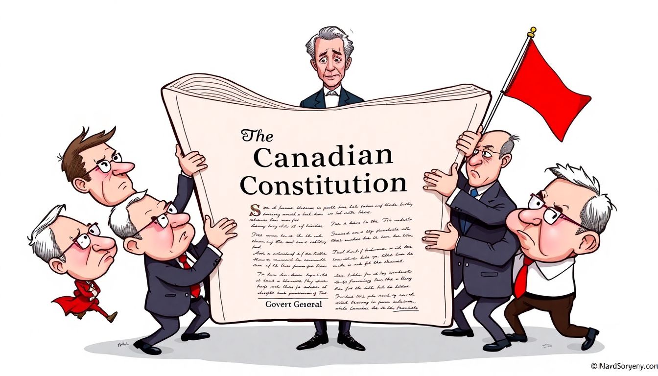 Illustrate the Canadian Constitution as a fragile document being tugged in different directions by caricatures of political figures, with a worried-looking Governor General watching over them.