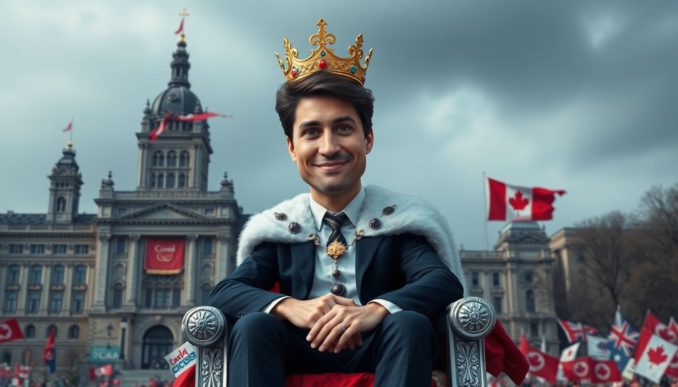 Create a caricature of Justin Trudeau as a king, sitting on a throne made of Liberal Party logos, with a backdrop of a crumbling parliament building.