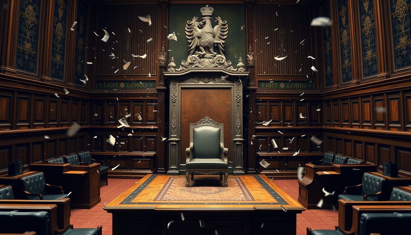 Create an image of an empty prime minister's chair in the House of Commons, with a whirlwind of political chaos swirling around it.