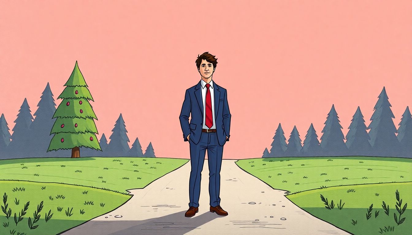 Illustrate Justin Trudeau standing at a crossroads, with one path leading to a thoughtful rebuilding of the Liberal Party and the other to a quick, media-driven rise to power.