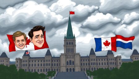 Create an illustration of Canada's Parliament Hill with storm clouds gathering overhead, symbolizing the impending political chaos. Include caricatures of key political figures, such as Justin Trudeau and prominent Liberal and Conservative MPs, each holding onto their party's flags as the wind begins to blow.