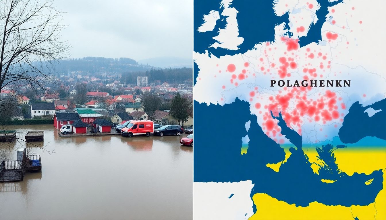 Create an image of flooding in a Polish town and a map highlighting the conflict in Ukraine.