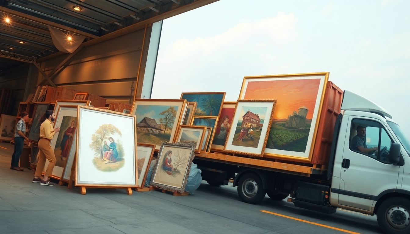 Create an image of art works being carefully packed and transported to a safe location.