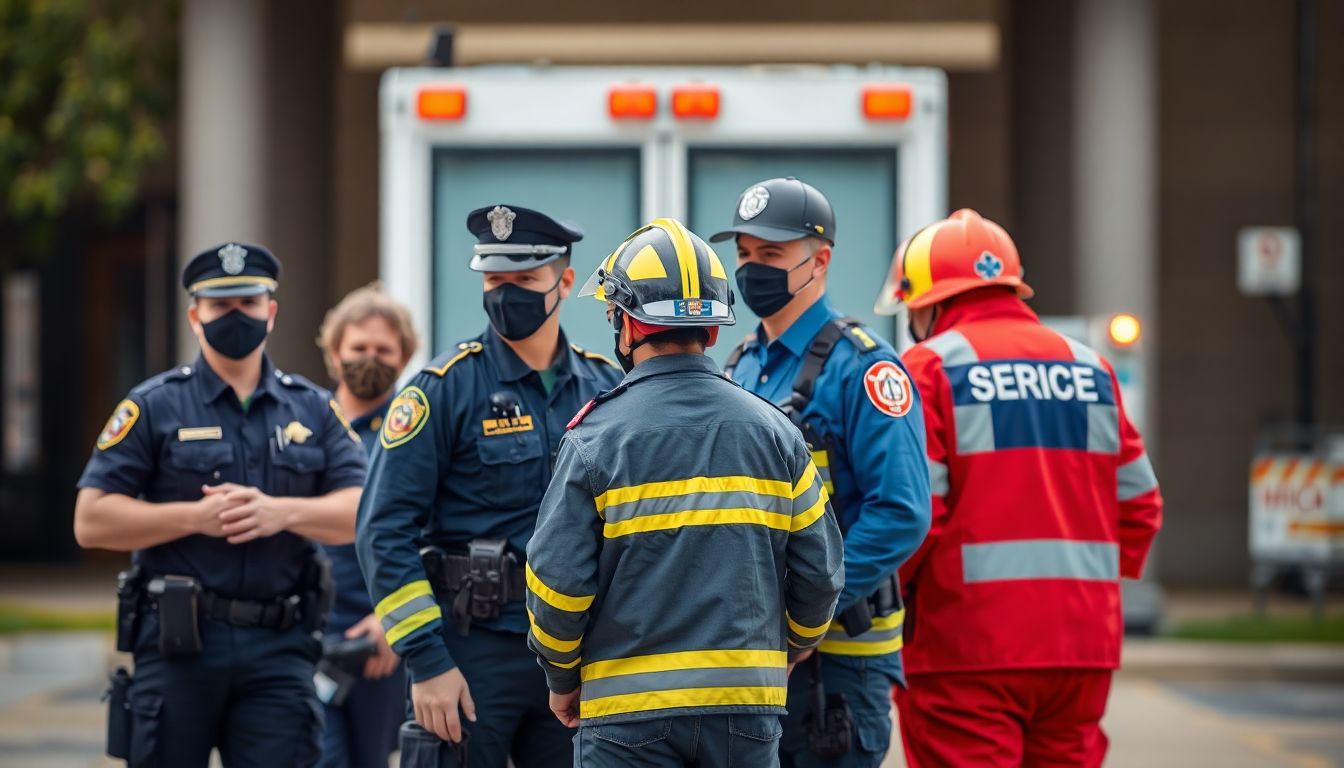 Create an image of different civilian security services working together, such as police, firefighters, and emergency medical services.