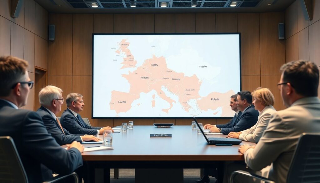 Create an image of the Polish government officials discussing the evacuation plans in a conference room, with a map of Poland and nearby countries on a large screen behind them.