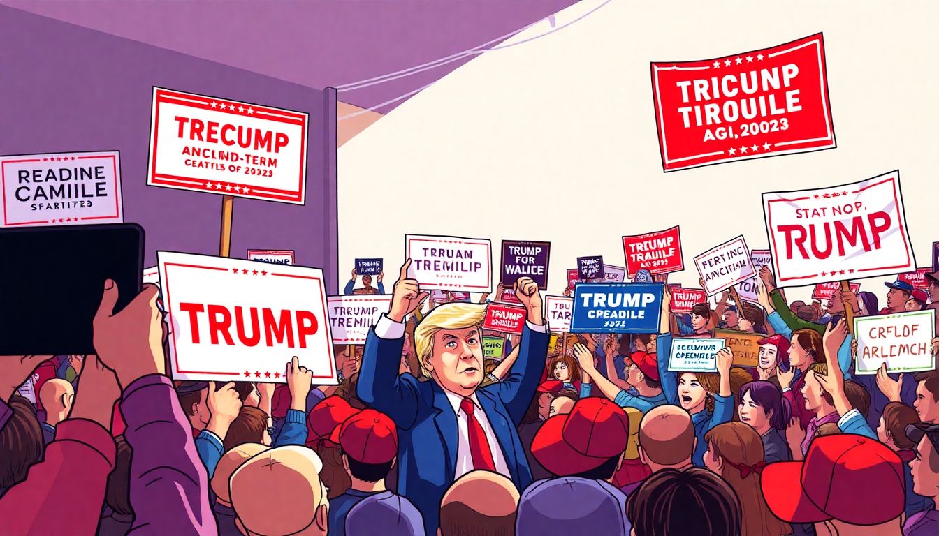 Illustrate a vibrant scene of a public rally, with enthusiastic supporters holding signs and banners promoting Trump's second-term agenda.