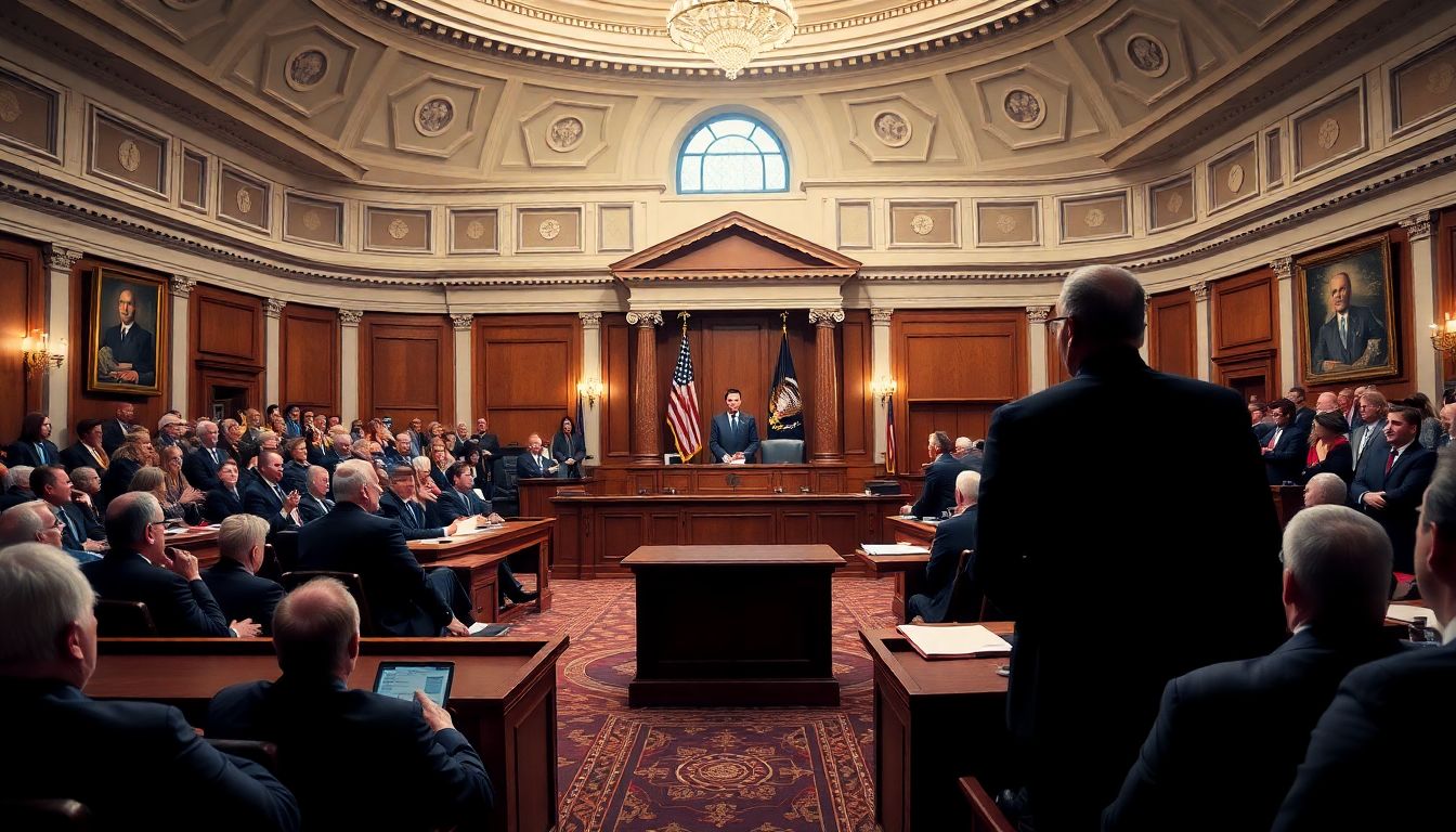 Create a visual representation of the Senate chamber, with Republicans and Democrats engaged in a lively debate, highlighting the importance of bipartisan support.