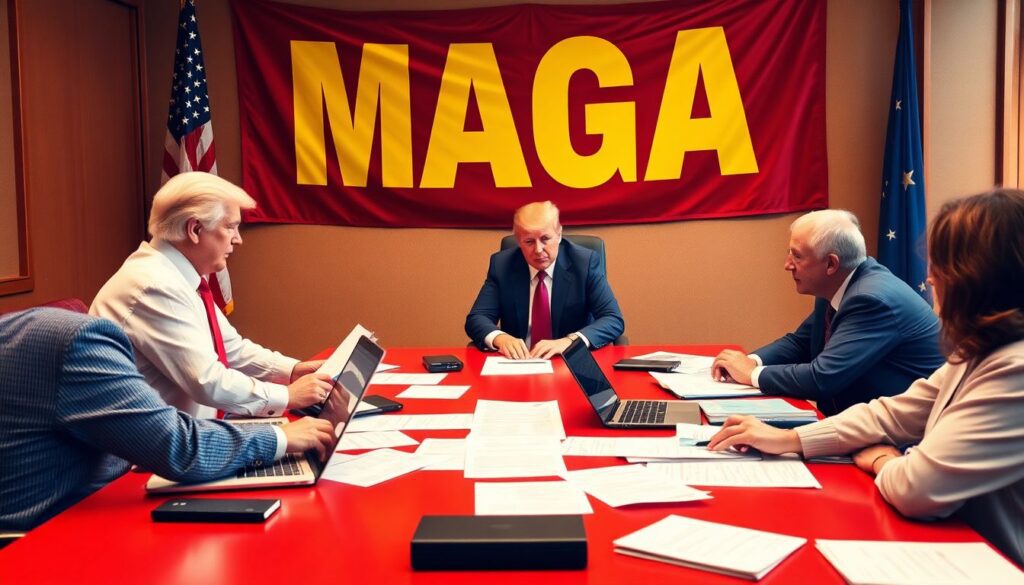 Generate an image of a dynamic political strategy session, with key figures discussing plans around a large table filled with documents and laptops, with a prominent 'MAGA' banner in the background.