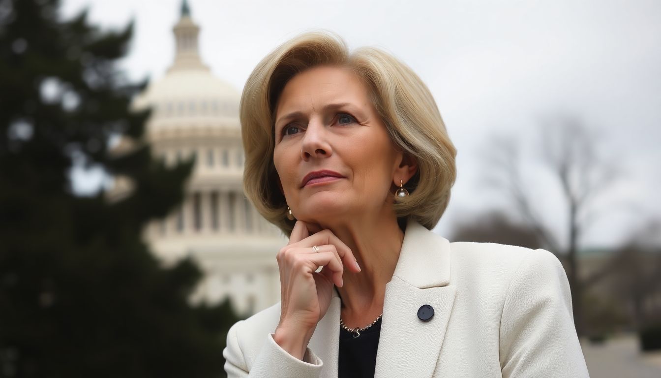 Generate a portrait of Katherine Clark in a thoughtful pose, perhaps with the Capitol building in the background.