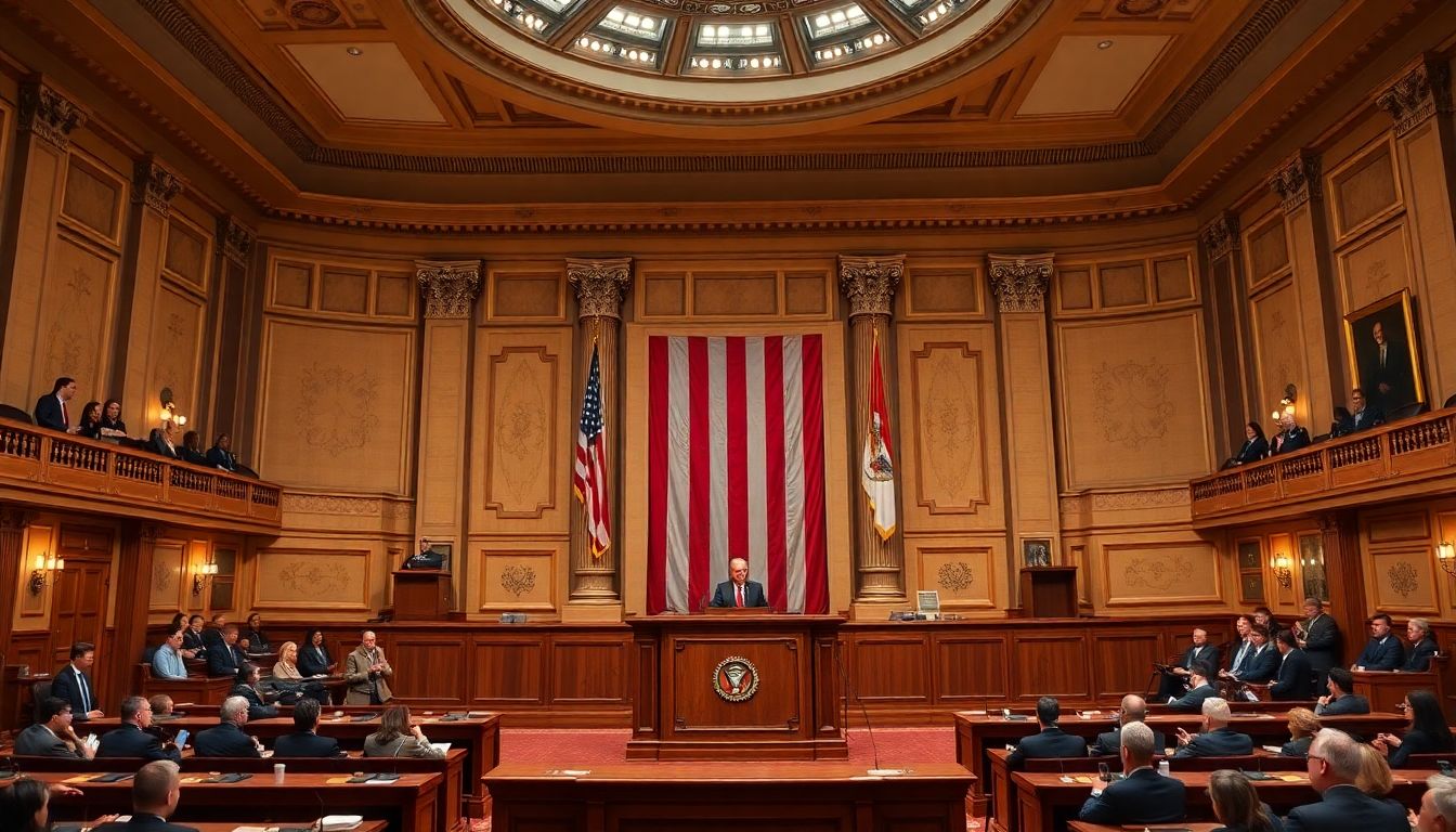 Create an image of the House of Representatives in session, with the speaker's podium prominently featured.