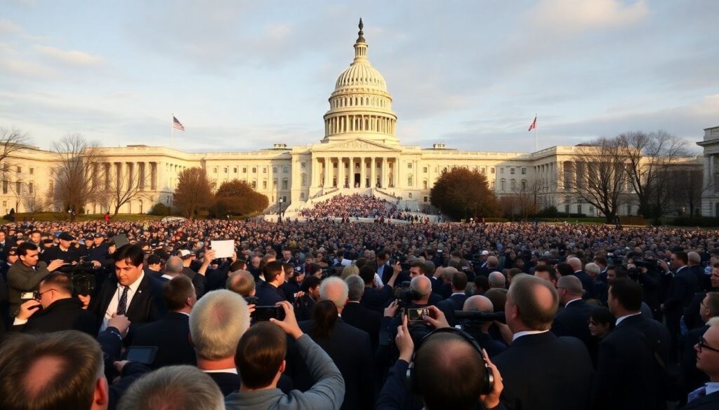 Generate an image of a bustling Capitol Hill with reporters and politicians gathered, highlighting the tension and anticipation surrounding the House speaker vote.