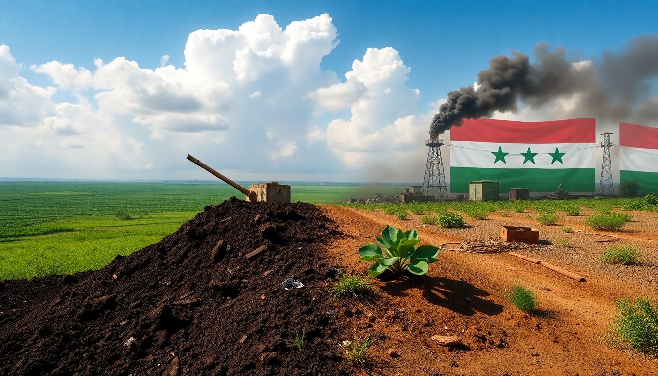 Create an image illustrating the long-term environmental damage in Gaza and Syria due to militarism, such as contaminated soil and polluted air.